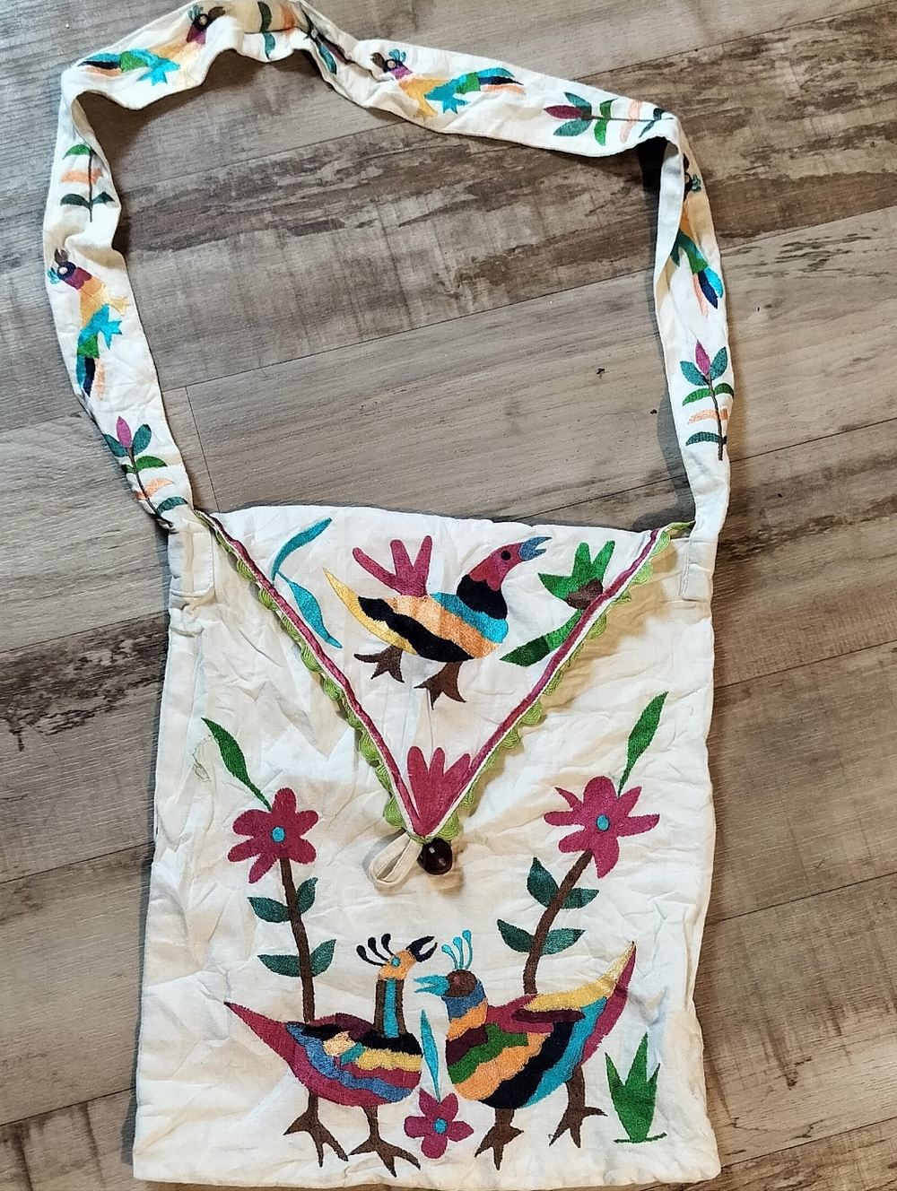 Cream Embroidered Cotton Crossbody Tenangos Bag with Multicolor Bird Motifs